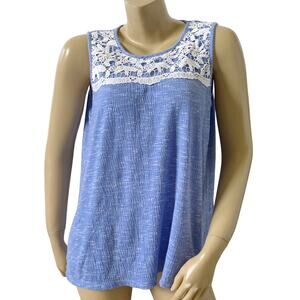 AGB Womens Small Blue White Lace Yoke Sleeveless Knit Tank Top Casual Boho